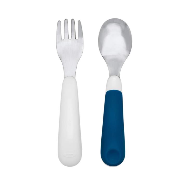 OXO Tot On-The-Go Fork/ Spoon Set With Carrying Case, White/Navy