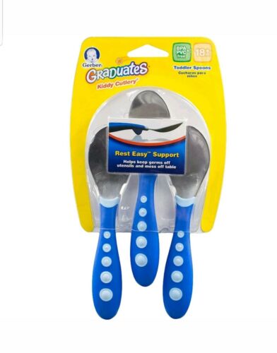 NIP New Gerber Graduates Kiddy Cutlery Toddler Spoons in Blue 3 Count