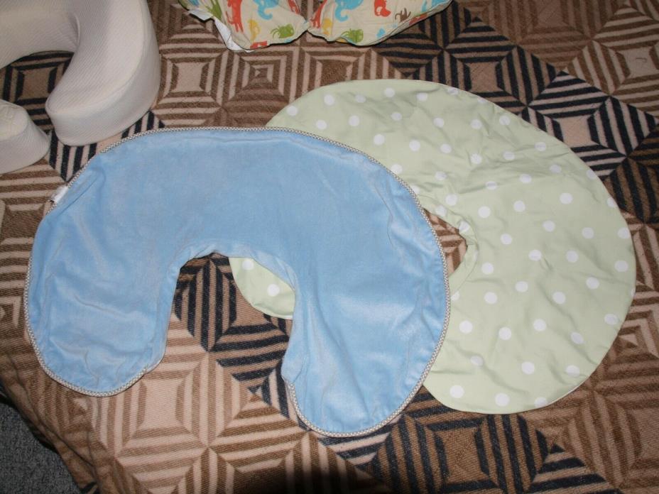 Boppy Blue Velour Geometric Reversible + Green Cotton Nursing Pillow Cover LOT