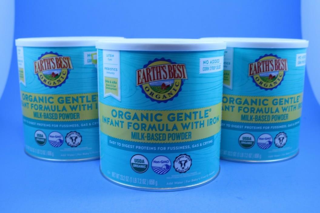 Lot of 3 Earth's Best Organic Gentle Infant Formula With Iron 23.2oz cans
