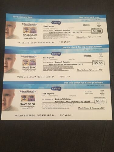 $15 off any Enfamil product  Coupon/Check exp Feb 28 Mar 31 Apr 30 $5 each month