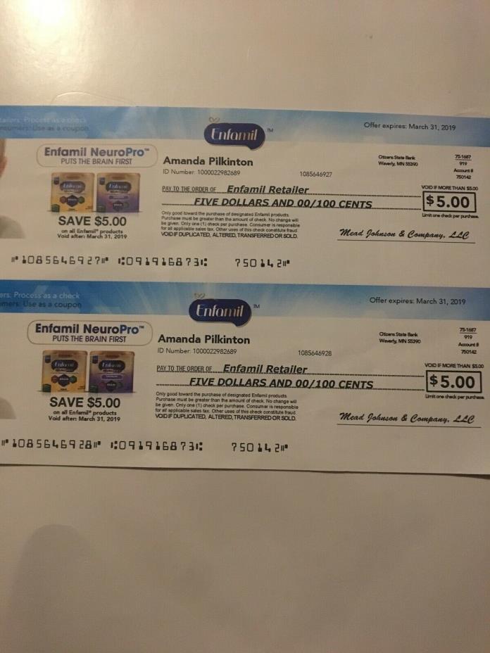 $10.00 Enfamil Coupons/Checks exp 3/31/19