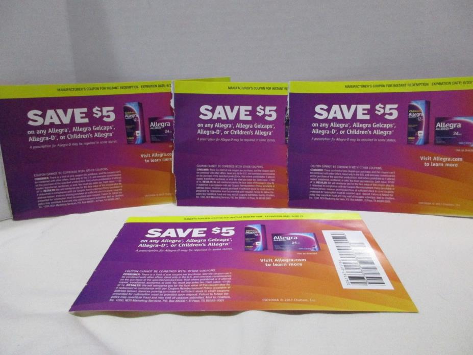 Lot of 4 Allegra $5 Coupons Exp 6/30/19 Adult or Childrens See Description