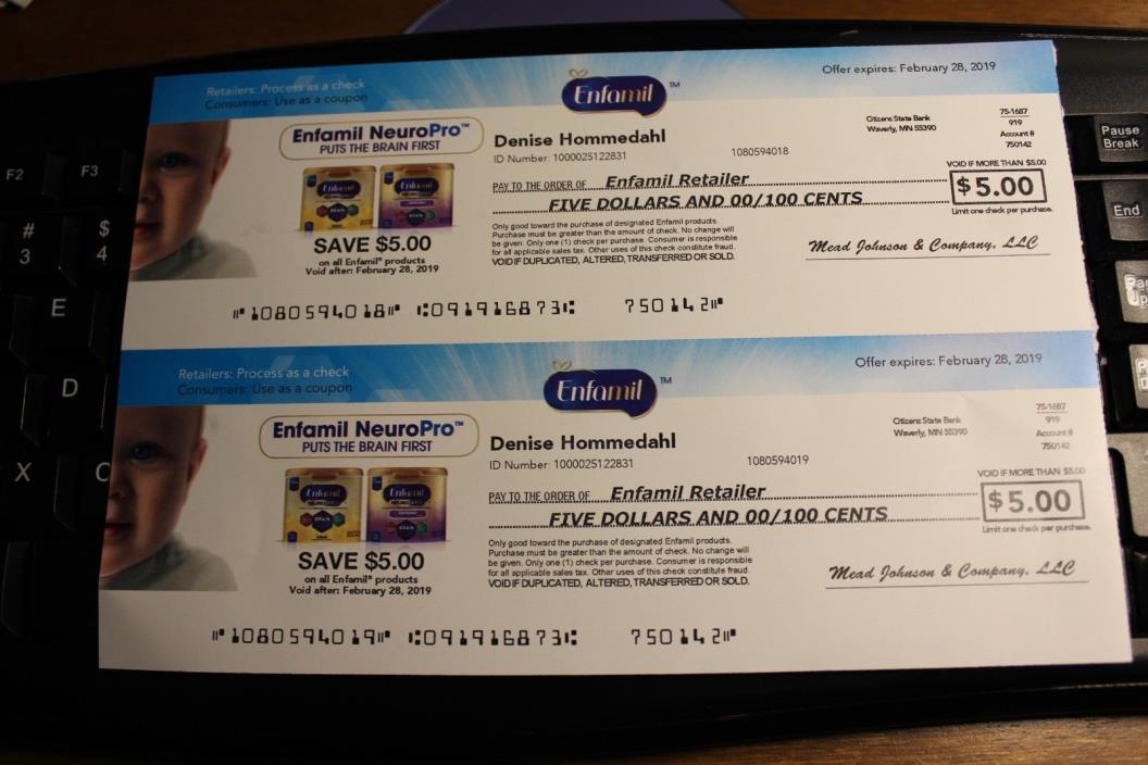 Lot 2 Enfamil Infant Toddler Baby Formula Food $10 Coupons Checks Exp Feb 2019