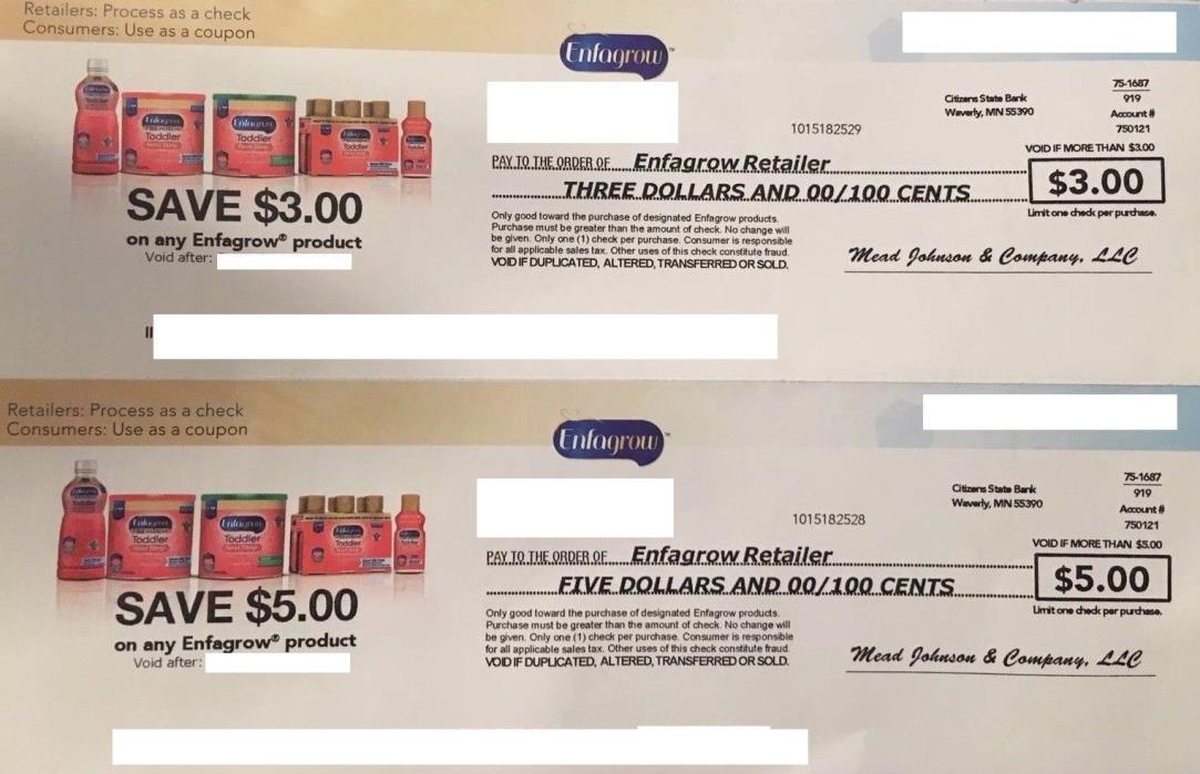 $8 Enfagrow Coupons Certificate Check Expire 1/31/19 Infant Baby Formula Toddler