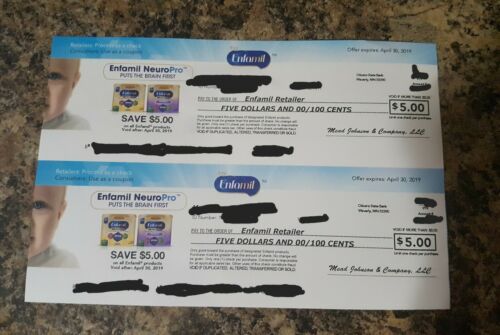 2 Enfamil Formula Coupons/Checks - $5 Each - $10 Total - Expires 4/30/2019