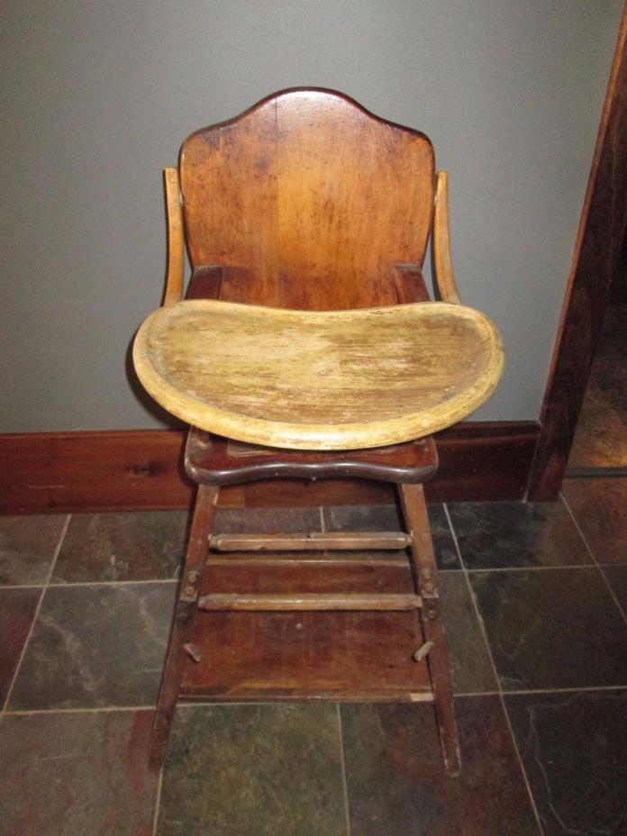 Wooden High Chair all wood tray POTTY TABLE CHAIR 3 IN 1  ANTIQUE WOOD WHEELS