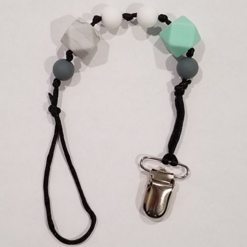 BPA Free Silicone Teething Bead Pacifier Clip Black White Marbled Gray Green...