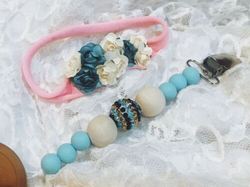 Baby Girl Pink/teal Nylon Headband W/ Teal Silicone Bead Pacifier Clip Bling