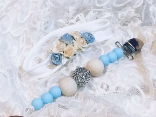 Baby Girl Blue Floral Nylon Headband W/blue Silicone Bead Pacifier Clip W/bling