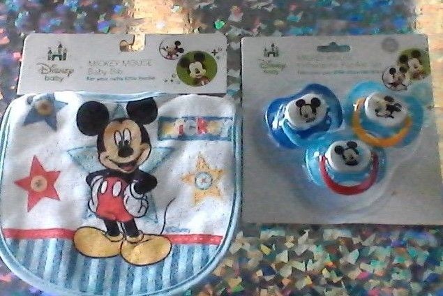 Mickey Mouse BABY SET = 3 PACIFIERS & CLOTH BIB SET / BPA FREE / FREE SHIPPING