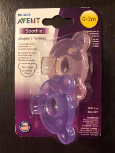 New Avent Philips Soothie Bear Shape Pacifier Pink/Purple 2 Pack.Size 0-3 Months
