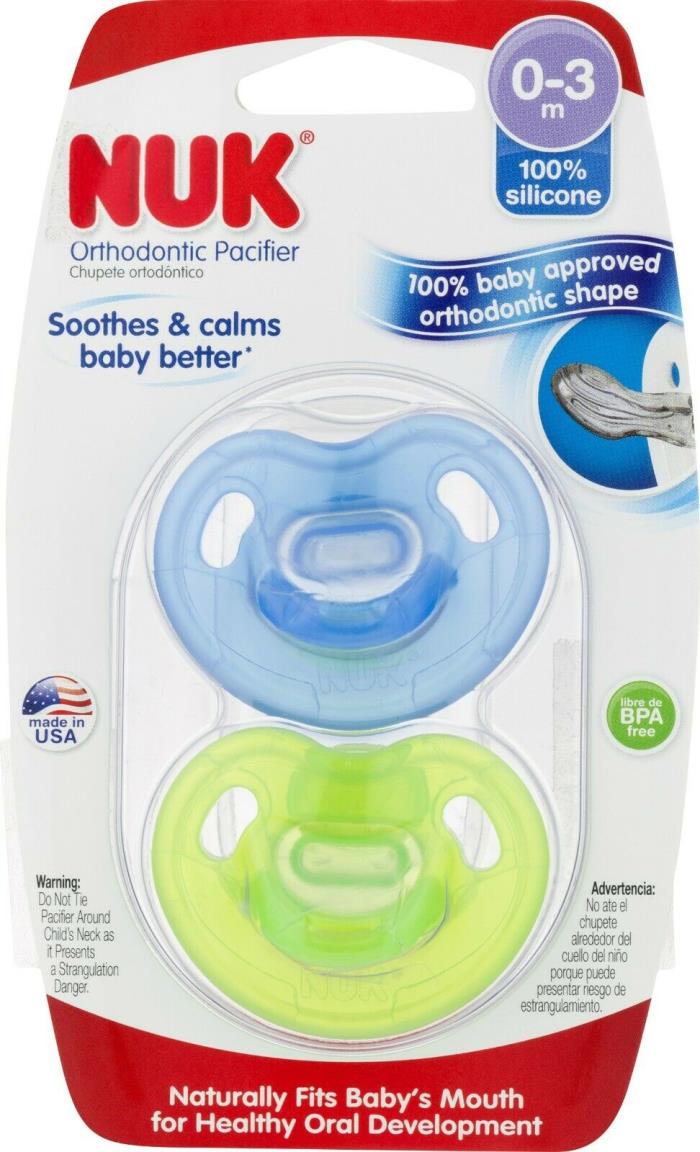 NUK Newborn 100% Silicone Orthodontic Pacifier, 0-3 months, Blue/Green, 2pk