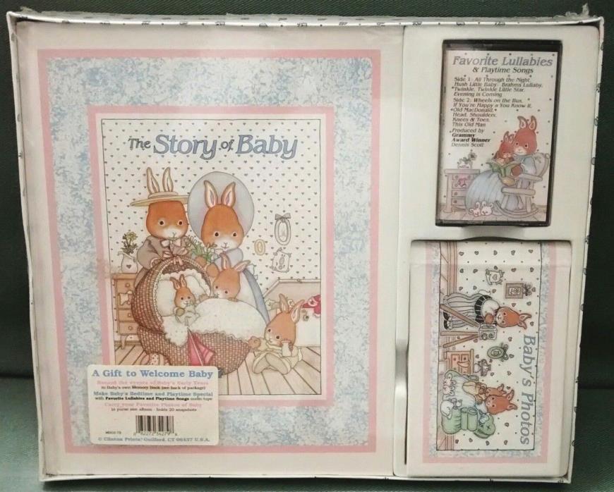 Vtg Babys Book Baby Keepsake Memory Record Album Gift Set Bunny Rabbit Hares NIB