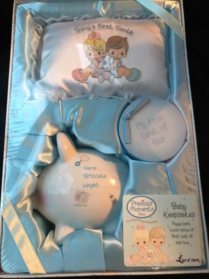 Precious moments baby shower keepsake box gift blue boy piggy bank tooth pillow