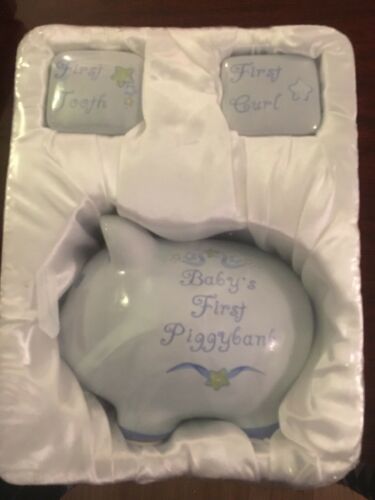 Glass Baby’s First Piggy Bank, Tooth Holder And Curl Holder. Blue.