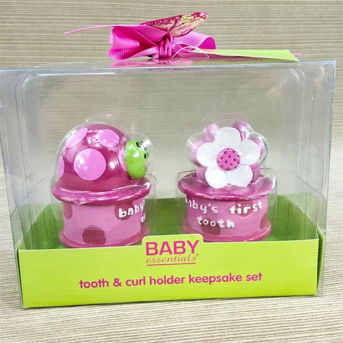 Baby Girl First Tooth & Curl Keepsake Set Jars Ladybug Flowers Pink Polka Dots