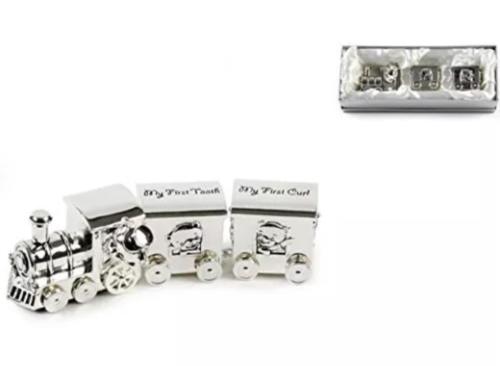 Silver Plated Train Keepsake My First Tooth and Curl Cars Baby Boy Baptism Gift