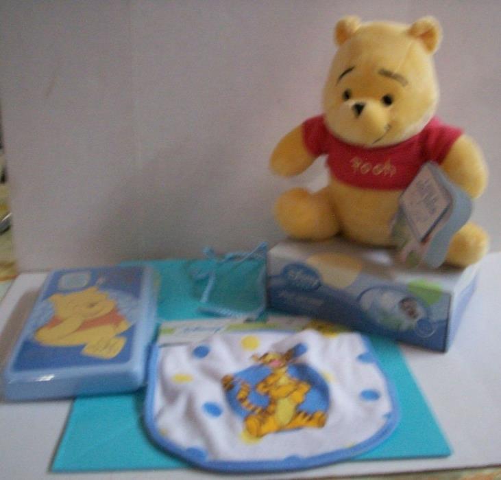 Winnie The Pooh Boy Gift Bag Set,4 Pieces-Plush Coin Bank, Travel Case, Bib, Bag