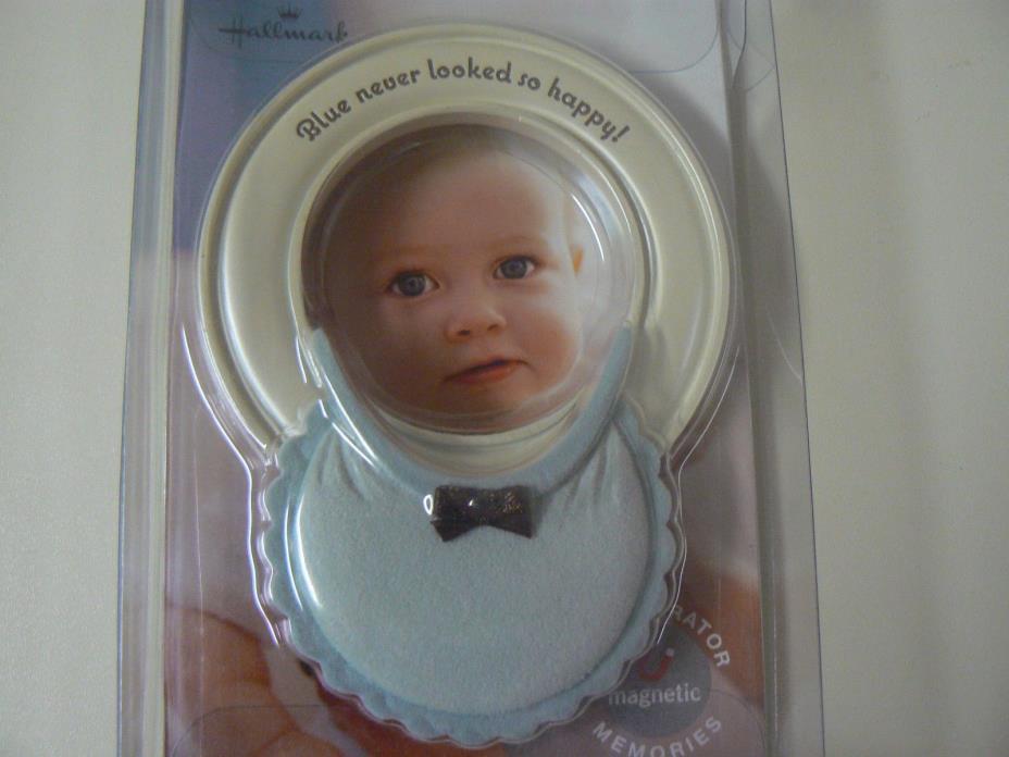 Hallmark MAGNETIC BABY BOY Picture Frame NEW Blue Bib Holds 2x2 Photo Look Happy