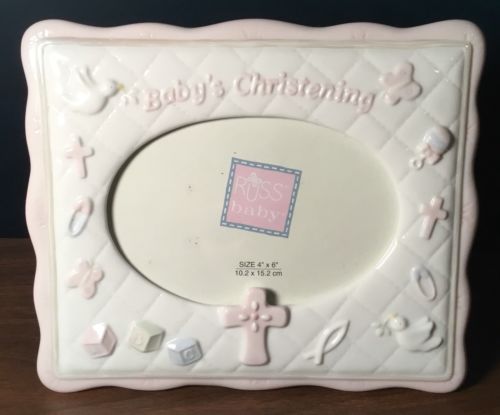 Baby Porcelain Christening Russ Frame Gift Heaven Pink Girl Fits 4