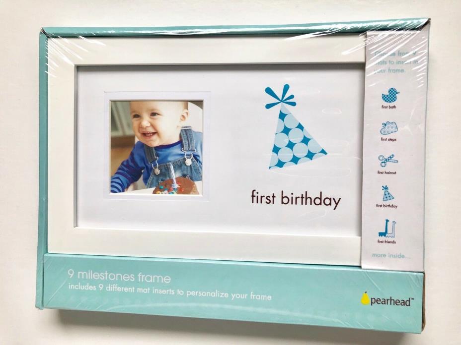 Pearhead 1st First Birthday Photo Frame, Boy, Personalize w/9 Inserts White Wood