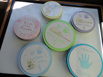 LOT OF 6 Baby Hand Foot Footprint Plaster Kits ~ Ages 0-5 ~ Colorful Metal Tins