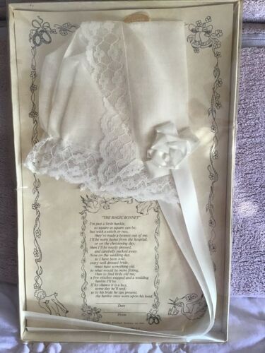 Vintage Baby Bonnet Hanky Handkerchief Keepsake Christening Sealed in box