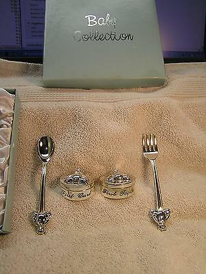 SilverPlated Keepsake spoon fork tooth hair box BABY 4 PC. collection blue box