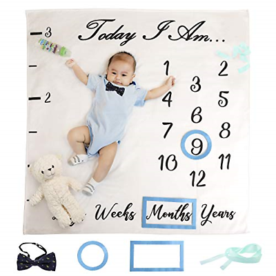 Baby Monthly Milestone Blanket Boy | Bonus Ruler, Frames, Bow Tie & eBook | for