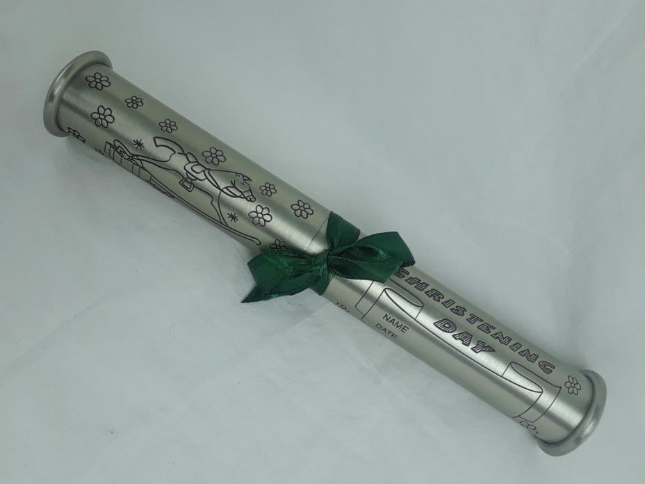 PEWTER CHRISTENING DAY TUBE WITH RIBBON VERY NICE CHRISTENING DAY KEEPSAKE TUBE