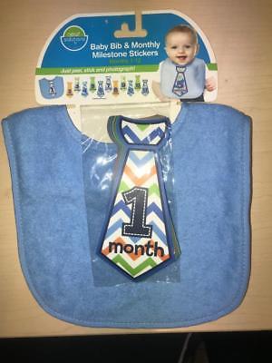 Neat Solutions Baby Boy Bib-Monthly Milestone Stickers-Tie-Blue-Photography-NEW