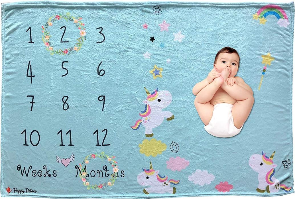 Adorable Blue Weekly Or Monthly Newborn Milestone Baby Blanket, 60'' x 40''
