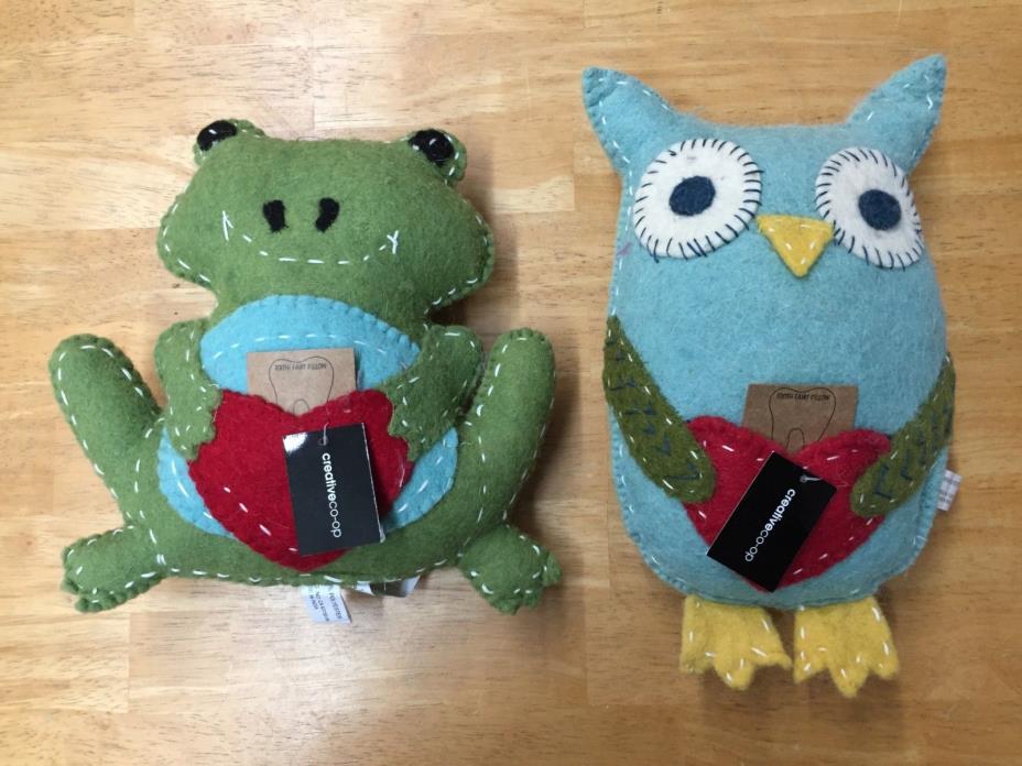 Creative Co-Op Tooth Fairy Plush Pillow Wool Owl or Frog with Tooth Pocket