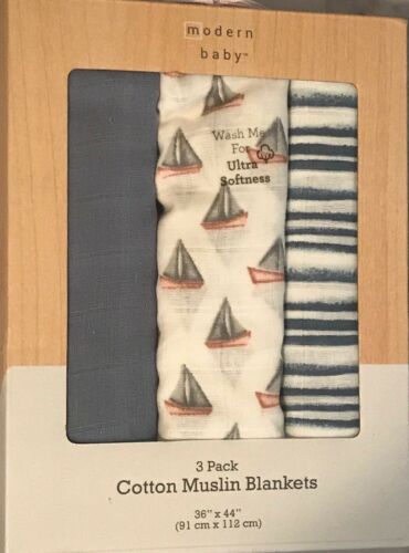 NEW Modern Baby Muslin Cotton Blankets Set of 3 White Greyish Blue Boats