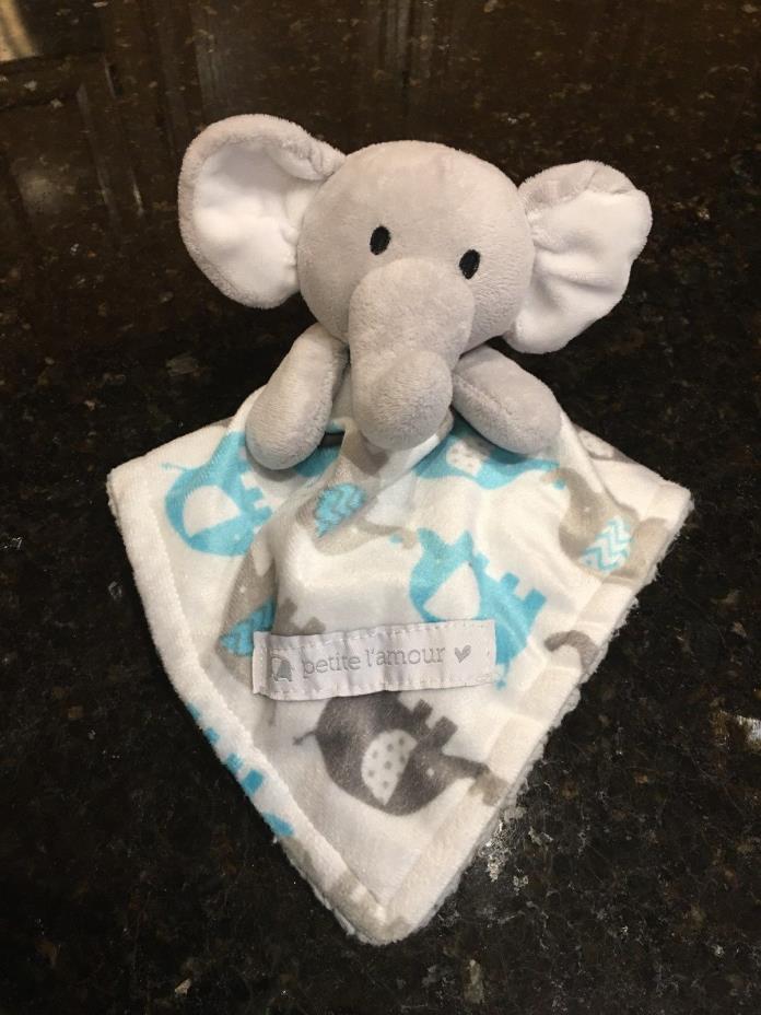 Petite L'Amour Baby Elephant Lovey Security Blanket White Blue Gray Plush Sherpa