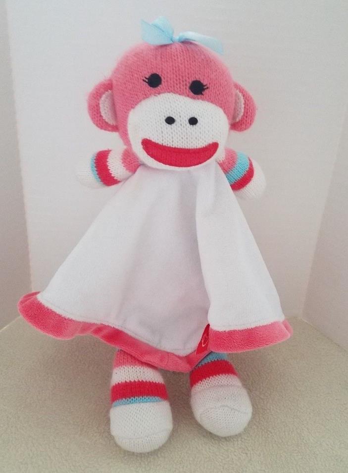 Baby Starters Blanket Sock Monkey Pink Blue Stripe White Satin Lovey Security