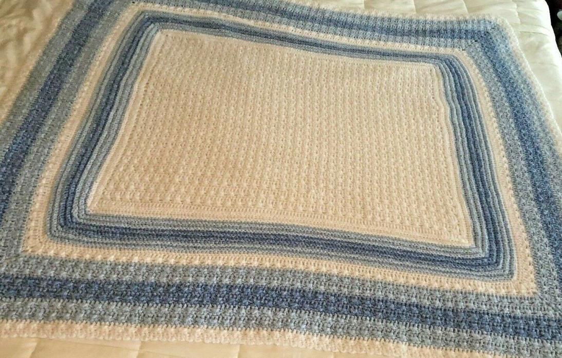 Handmade Blue White Crocheted Baby Blanket Rectangle 46