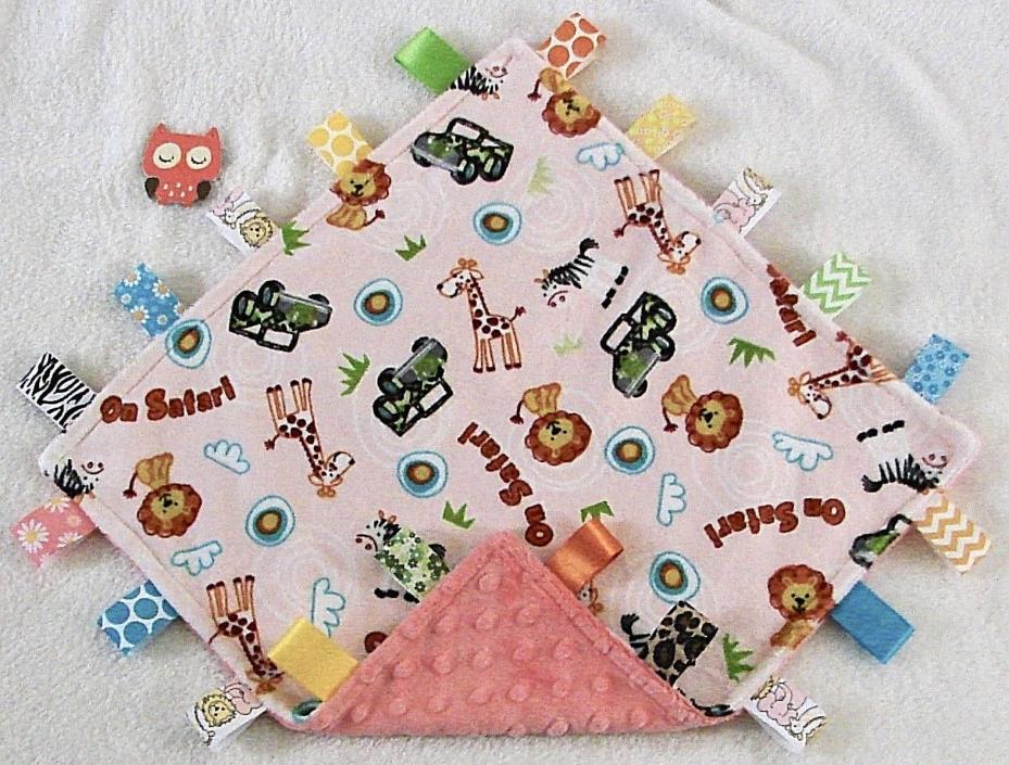 Double Minky! On Safari & Peach Orange Minky Snuggle Taggie Tag Security Blanket