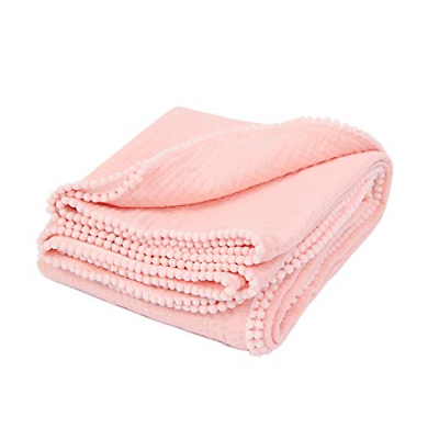 TILLYOU 2-Layer Muslin Swaddle Blanket with Pom Pom Trim, 100% Soft Cotton Baby