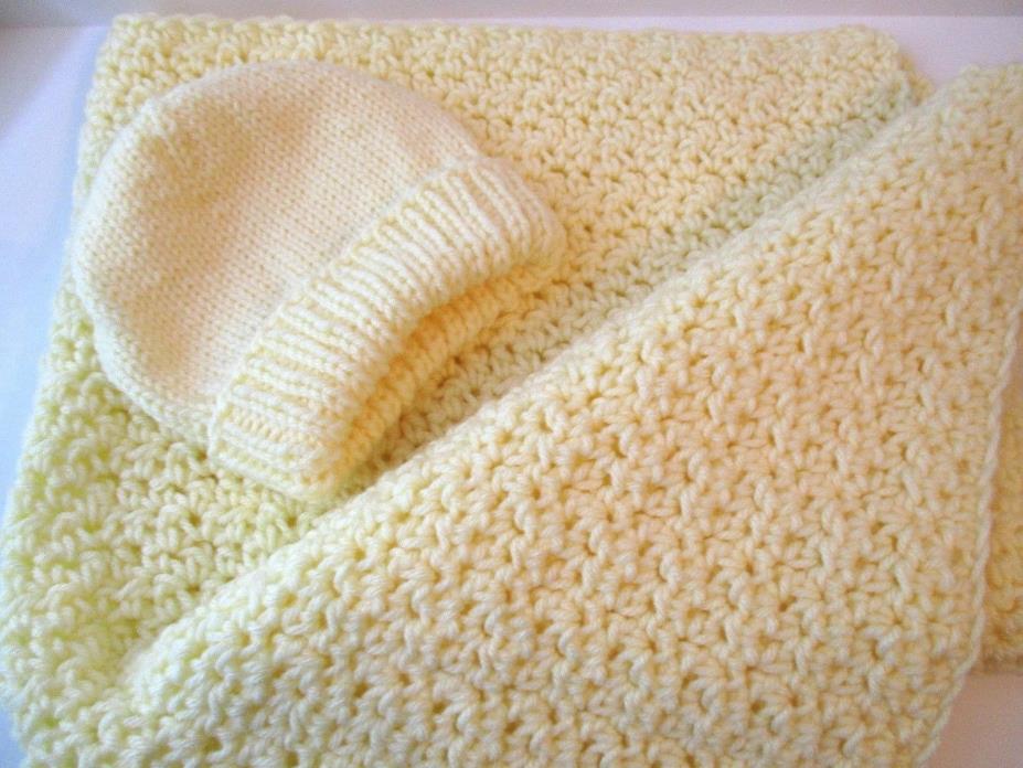 NEW Crochet Knit Handmade Yellow Baby Blanket hat boy girl 21