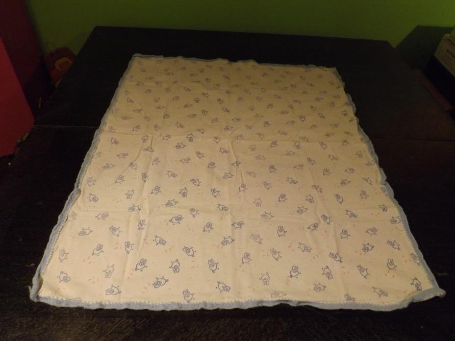 Vtg Counting Sheep Receiving Flannel Baby Blanket Baby Blue Hand Crochet Edge