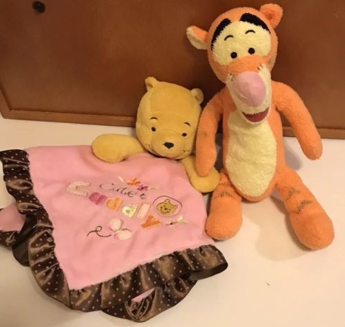 Disney Baby Winnie Pooh Security Blanket Lovey Pink Brown Cute & Cuddly Satin