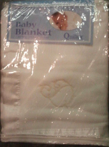 Monogrammed Quiltex White Baby Blanket Satin Trim  NIP 33