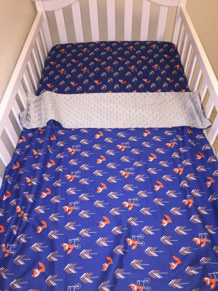 Handmade Blue Fox Crib Sheet and Blanket