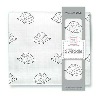 SwaddleDesigns Cotton Muslin Swaddle Blanket, White with Black Hedgehog (46x46)