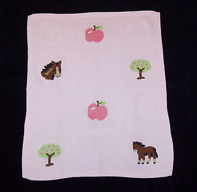 Lands End Pink Equestrian Horse Baby Blanket Apple Sweater Knit Security Lovey