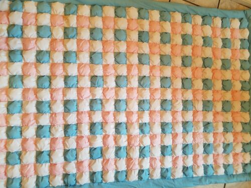 Vintage Handmade Puffy Baby Blanket/Quilt  Blue and Peach