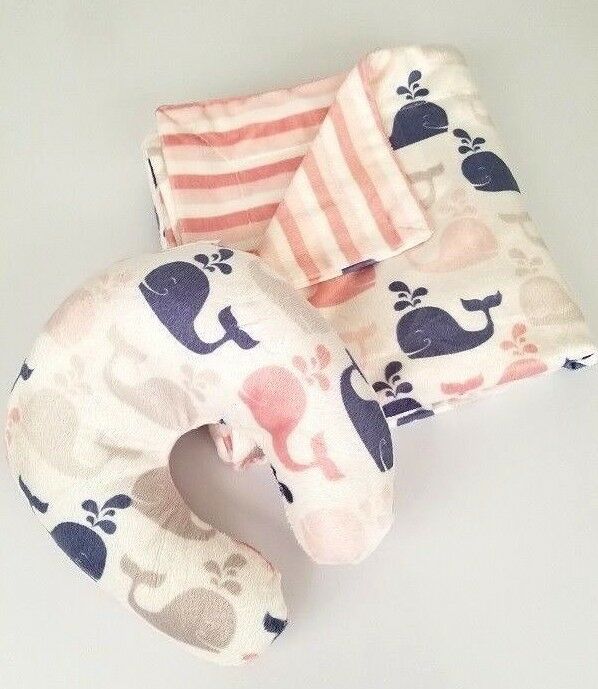SL Home Fashions Striped Whale Plush 2pc Baby Blanket Travel Pillow Newborn NEW