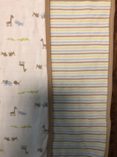 Carter's Baby Blanket Tan White Green Blue Stripes Animals Giraffe Monkey Rhino